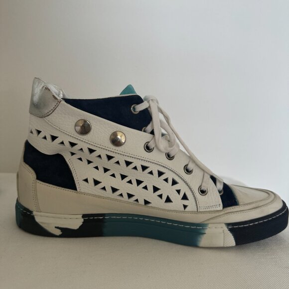 Free People Connor Hi Top Blue and White Laser Cut and Studded Sneaker Size 40 - Picture 3 of 11